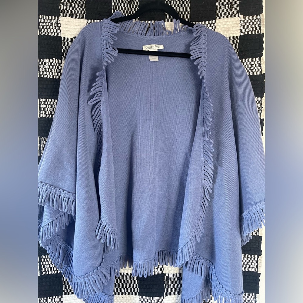 Euc Coldwater Creek Blue shawl with decorative loops around the edge.